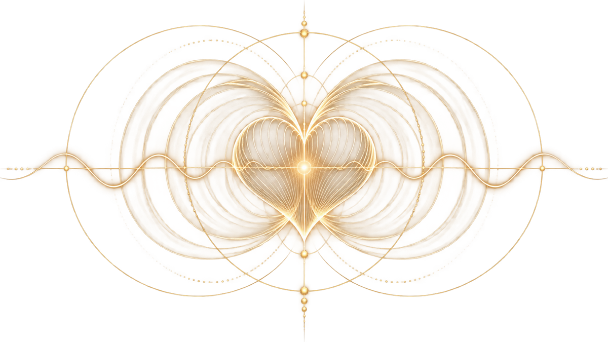 A heart formed from radiating geometric lines and waves, converging on a single point of light
